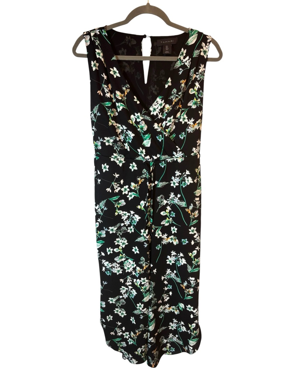 Tahari Black sleeveless deep V Floral Surplice Jumpsuit green white Size 2
